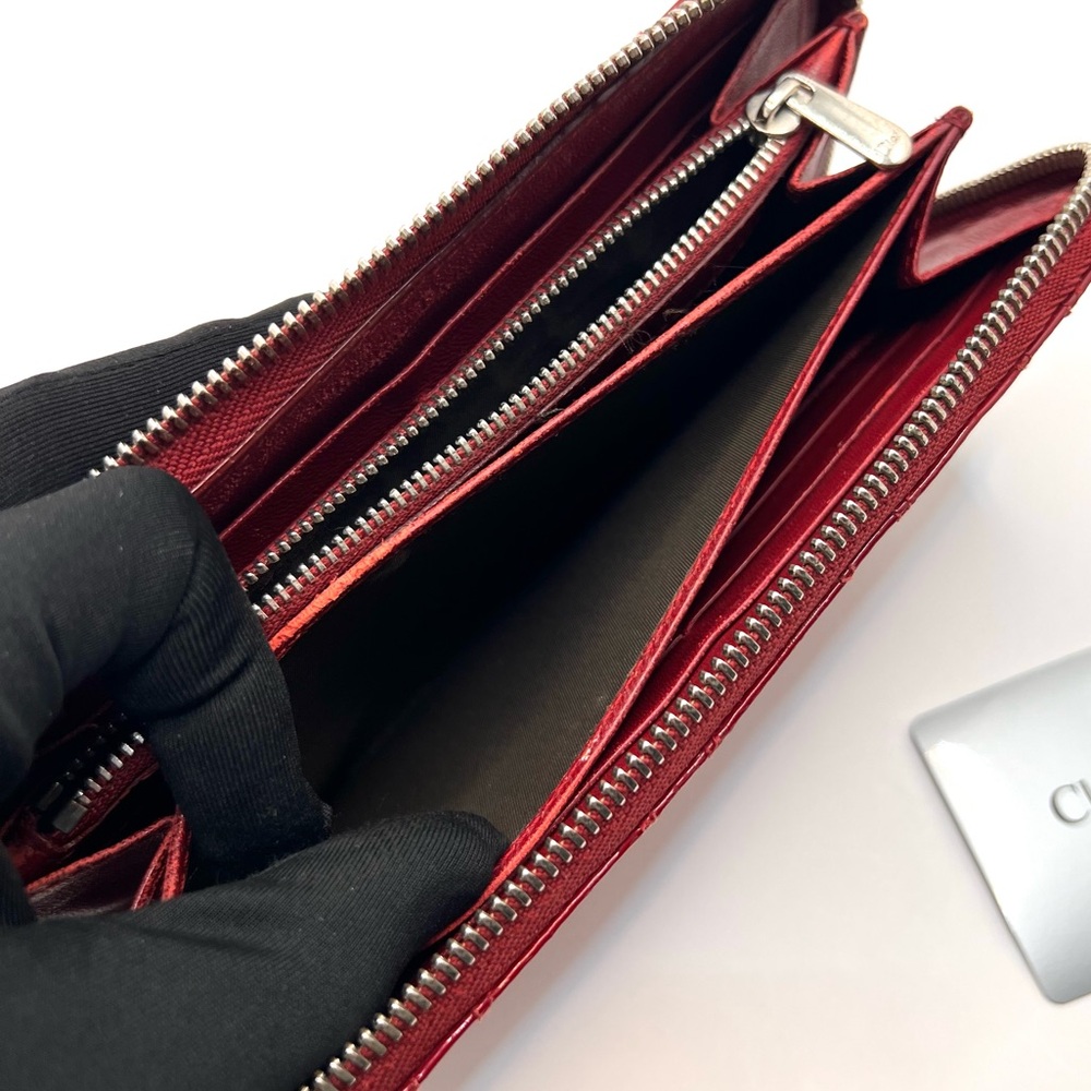 Authentic Christian Dior Cannage Red Patent Leather Zip Long Wallet - Picture 10 of 11